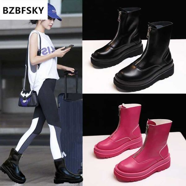

boots bzbfsky front zipper pretty female increase autumn winter england wind plus velvet net red single skinny, Black