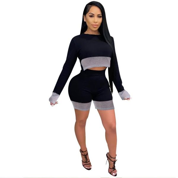 

women's tracksuits women two piece outfits shiny o-neck long sleeve cropped and waist biker shorts elegant clothing, Gray