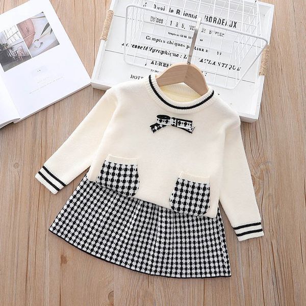 

girls sweater sets kids clothing baby clothes outfits autumn winter long sleeve knitting patterns bows pullover skirts cute suits 2pcs b8351, Blue