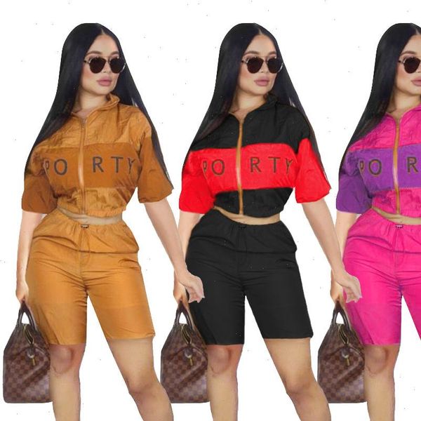 

women tracksuits summer half sleeve sports letter print splicing zipper trench length pants suit 2 pieces set tracksuit, Gray