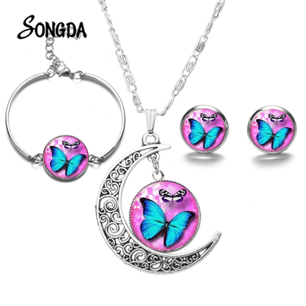 

earrings & necklace blue magic butterfly jewelry sets beautiful insect pos crystal convex pendant moon bracelet women wedding, Silver