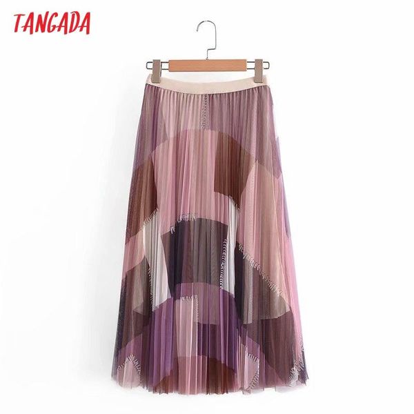 

tangada women flower print mesh midi skirt faldas mujer vintage strethy waist office ladies elegant chic mid calf skirts 2g10, Black
