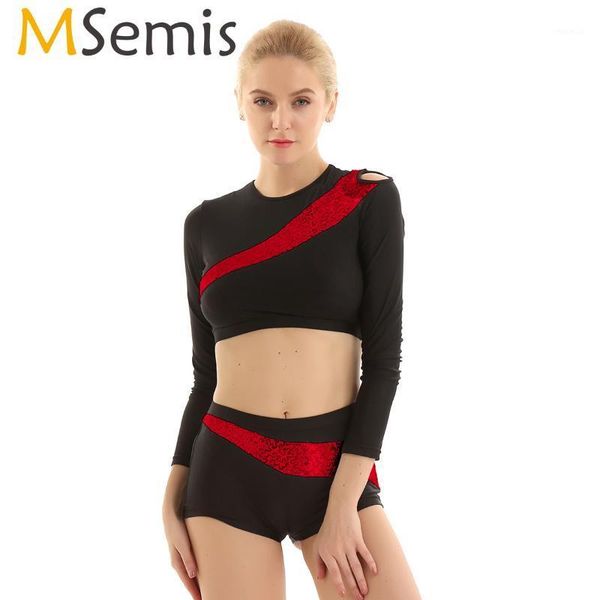 

msemis 2pcs women clothes shiny sequins squad dance team costume outfit round neck long sleeves crop with tight shorts women's tracksui, Gray