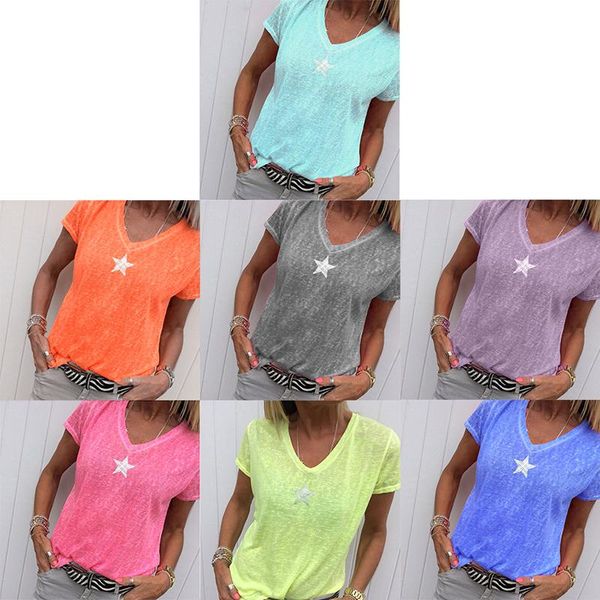 

women's t-shirt fashion t shirt women sequins v-neck five-pointed star tees female short sleeve street ladies plus size code s-5xl, White