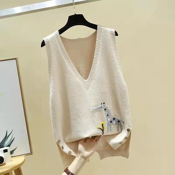 

women's t-shirt autumn and winter aging v-neck sweater vest korean version retro loose knit waistcoat versatile for wearing out, White
