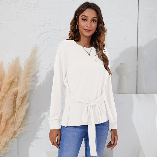 

women's blouses & shirts office lady elegant streetwear blouse solid long sleeve o-neck bandage design female casual clothing autumn 2, White