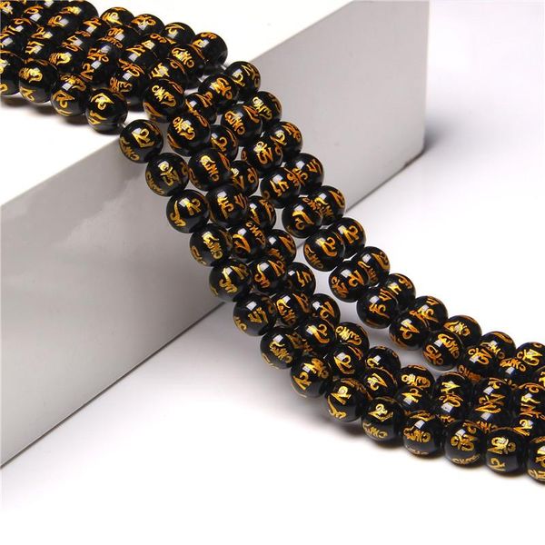 

other natural black obsidian stone beads six word mantra prayer gem polished round loose for diy tibetan jewelry making