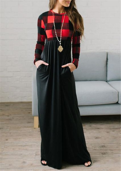 

plaid dress women splicing pocket long sleeve vintage elegant bodycon christmas dresses high waist robe femme casual, Black;gray