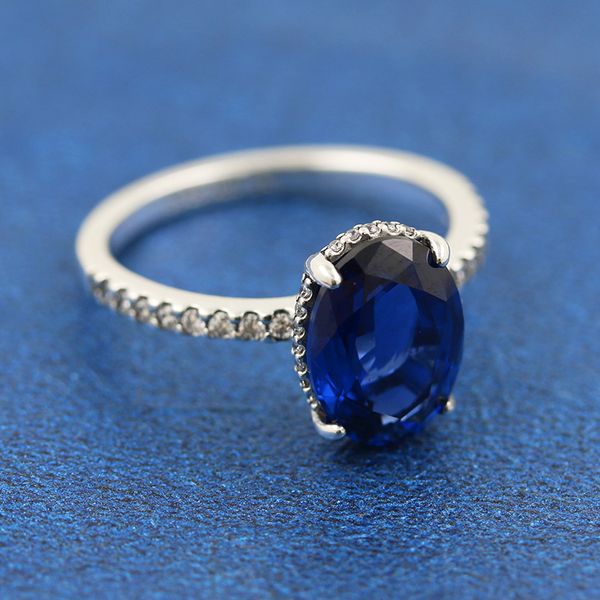 

925 sterling silver sparkling statement halo ring with blue cz fashion wedding pandora style jewelry ring for women, Golden;silver