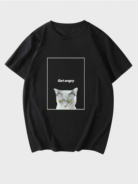 

men cat & slogan graphic tee 69ag#, White;black