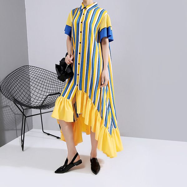 

casual dresses women yellow striped ruffles big size shirt lapel short sleeve loose fit fashion spring summer 1t860, Black;gray