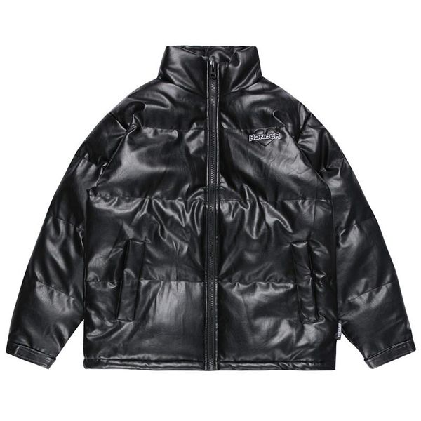 

men's jackets 2021 harajuku leather padded coat streetwear letter embroidery parka hiphop korean kpop fashion outwear winter warm thick, Black;brown