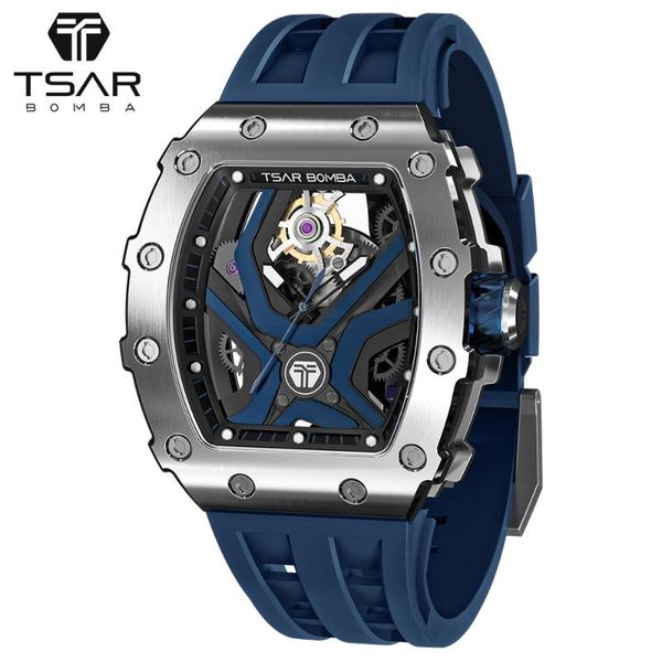 

wristwatches tsar bomba mens automatic watches tonneau design sapphire stainless steel waterproof mechanical wristwatch luxury stylish gift, Slivery;brown