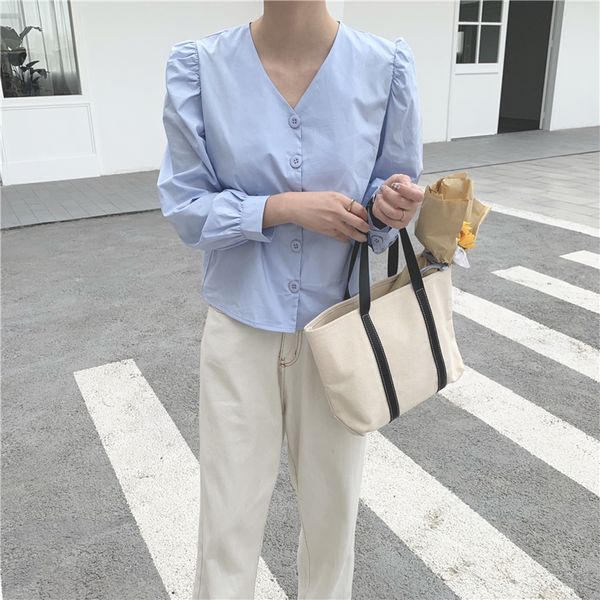 

summer women's blouses office wear basic solid v-neck single-breasted elegant casual loose shirt women 210421, White