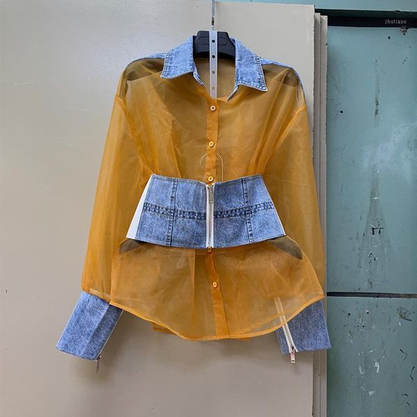 

women's blouses & shirts [ewq] shirt women lomng sleeve blusas organza stitching denim mesh dress with girdle chic trendy ladies loose, White