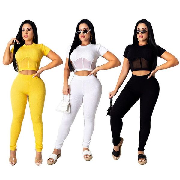 

women's tracksuits classic women set casual tight solid color o-neck short sleeves&slim pants european and american female two piece, Gray