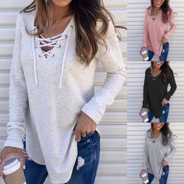 

women's t-shirt autumn casual women loose solid color lace up v neck long sleeve top, White