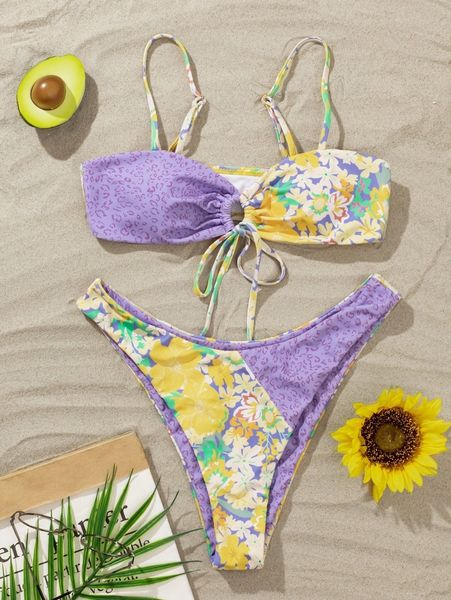 

floral graphic tie front bikini swimsuit u8v7#, White;black