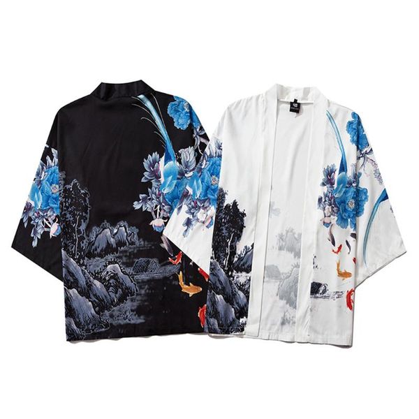 

selling 3/4 sleeve japanese style shirts men's casual loose open front chiffon linen men, White;black