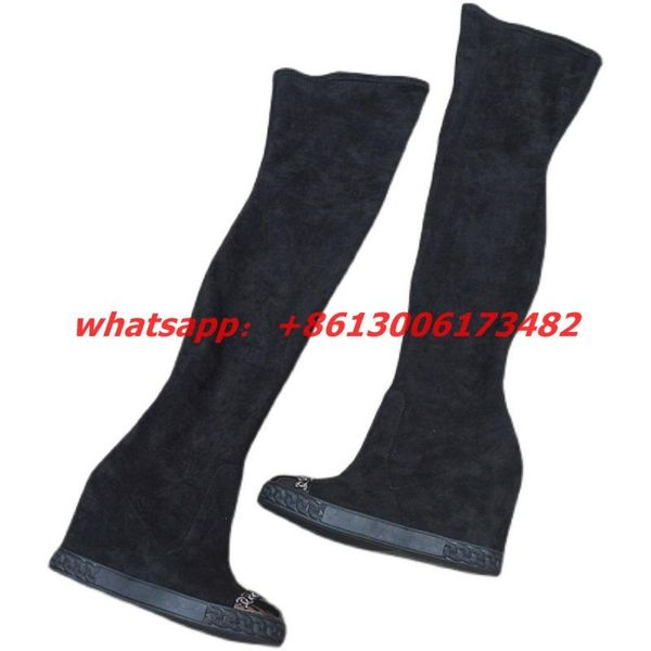 

boots design woman inner heel metal toe over knee high wedge thigh, Black