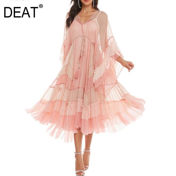 Verão Moda Mulheres Roupas Redondo Pescoço Lanterna Mangas Completas Organza Impresso Luz Rosa Vestido de Férias Wr27411L 210421