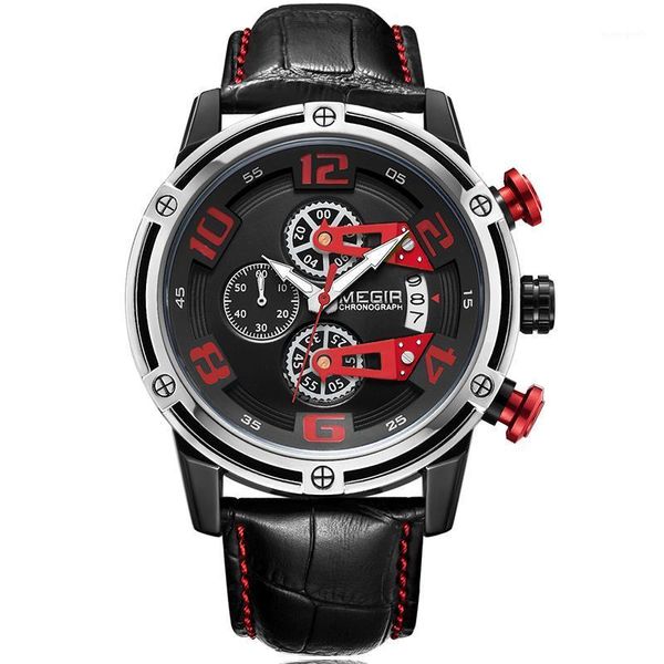 

wristwatches megir watches men chronograph sport leather strap quartz wristwatch relogio masculin, Slivery;brown