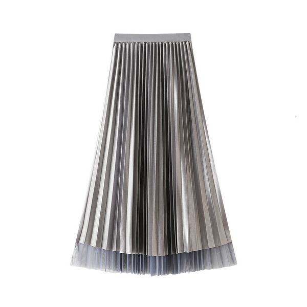 

skirts summer sweet two-side-wear tulle layered metallic pleated skirt soft shine silk touch a-line maxi long gauze skirts, Black