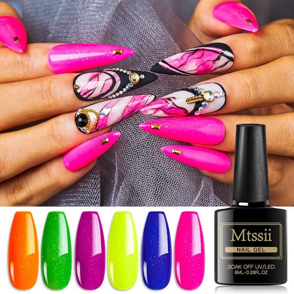 

nail gel mtssii neon fluorescent polish art 6ml semi permanent uv soak off base and coat matte hybrid varnishes, Red;pink