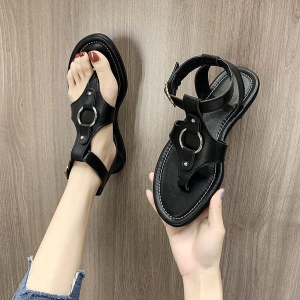 

sandals women's summer fashion all-match casual and comfortable love flat shoes gladiator beach slippers, Black