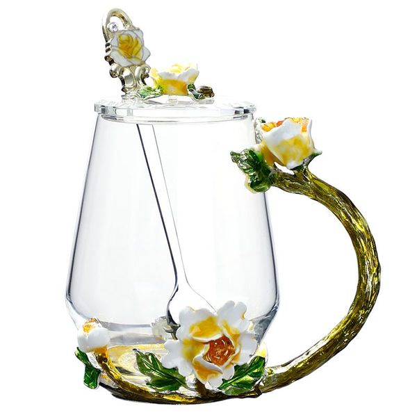 

mugs european aristocratic style enamel glass mug tea cup coffee yellow flowers painted flower water cups clear