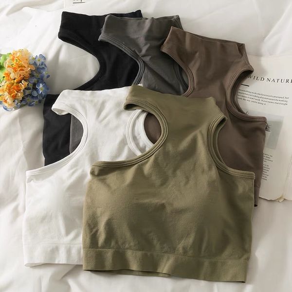 

womens t-shirt knitted off shoulder sling half high neck hanging with built-in bra backing and sleeveless vest with beautiful back, White