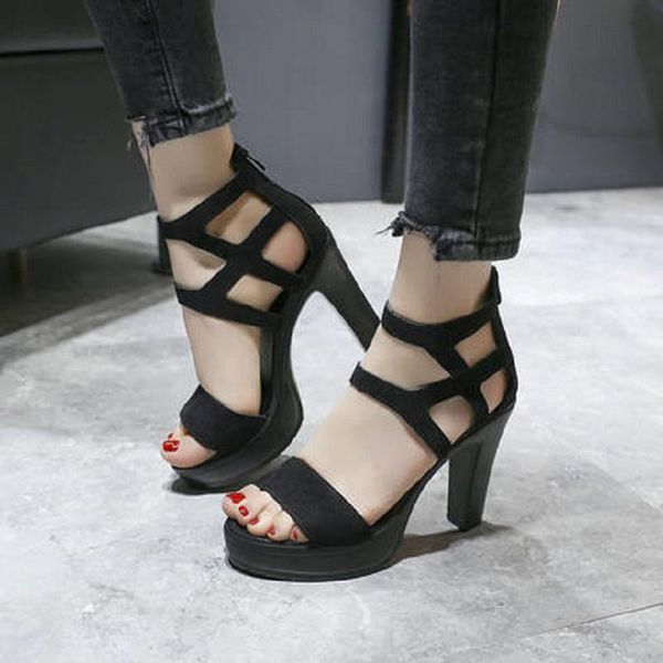 

summer high heels open toe thick heel platform temperament wild fashion ladies sandals, Black