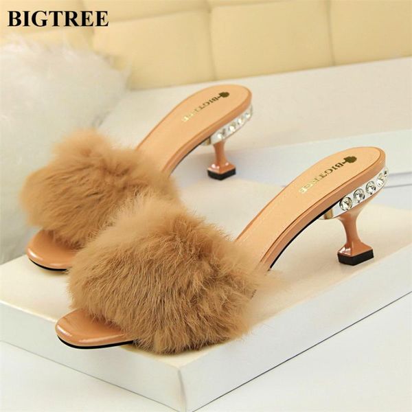 

women slippers 2021 elegant crystal high heels 6cm shoes summer ladies faux fur open toe outside woman fashion, Black