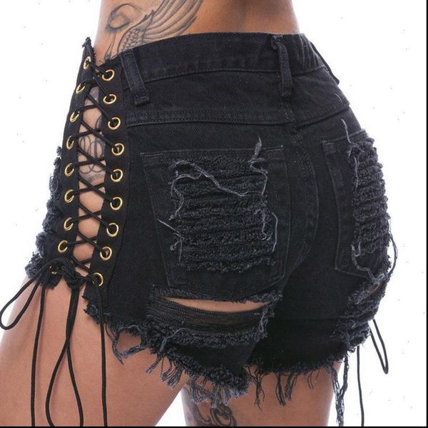 

womens short denim shorts jeans women ripped hole solid black lace casual pocket plus size summer, White;black