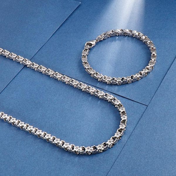 

earrings & necklace 5mm 20 inch+8 inch stainless steel flower motorcycle chain + bracelet set mens women jewelry fashion birthday gifts, Silver