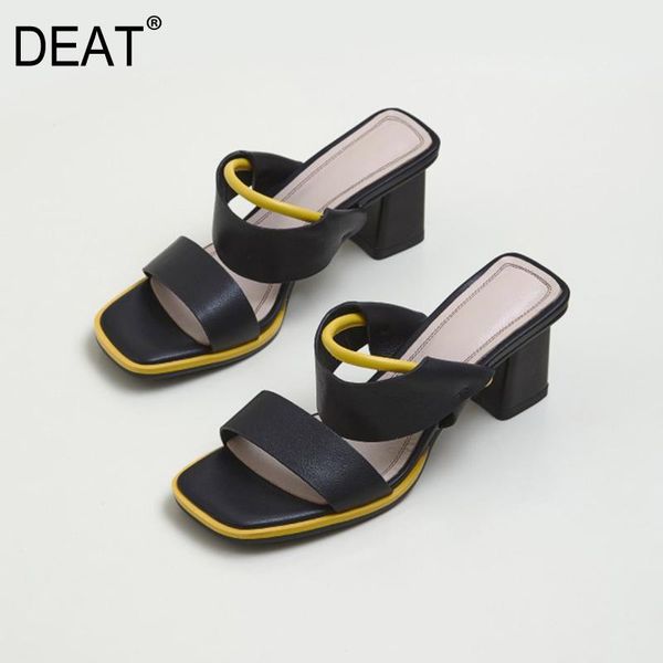 

slippers [deat] 2021 spring summer square toe shallow hit colors genuine leather high heels women shoes fashion tide 10i170, Black