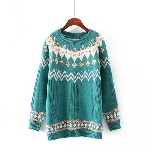 

women sweater o neck knitted pullovers long sleeve green pink geometric loose winter m0088 210514, White;black