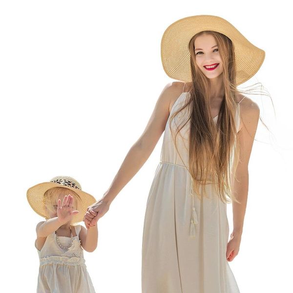 

spring and summer bowknot sunscreen baby hat beach sun hat, breathable parent-child straw wide brim hats, Blue;gray