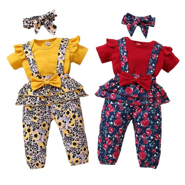 

0-18m born baby girl clothing red solid ruffle short sleeve romper+bow floral suspender pants+headband casual sumemr set sets, White