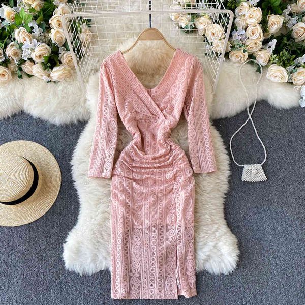 

dresses women lace floral korean v neck long sleeve pencil spring autumn casual office split, Black;gray