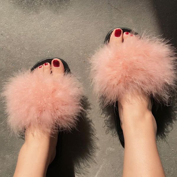 

slippers sagace fur slides ladies summer loafer flip-flops solid color flat heel outdoor beach casual women 2021, Black