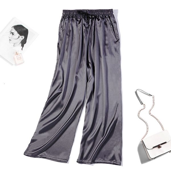 

pants women's 100% pure silk satin gray belt elastic waist pockets wide leg long pants trousers jn453, Black;white