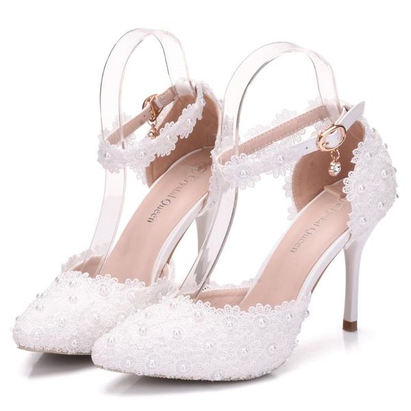 

dress shoes large size white lace flower wedding bridal simple versatile fine heel high-heeled single, Black