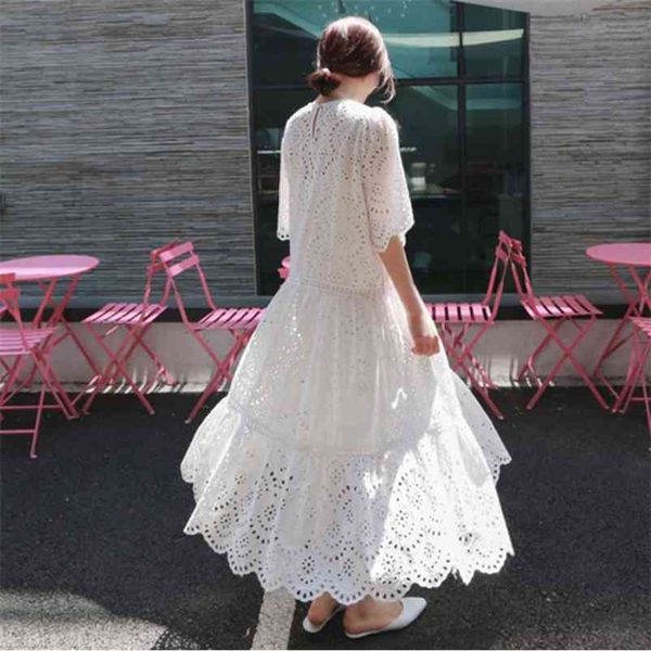 

summer korean style flare sleeve o-neck large pendulum solid color stitching cotton linen women white dress qg361 210510, Black;gray