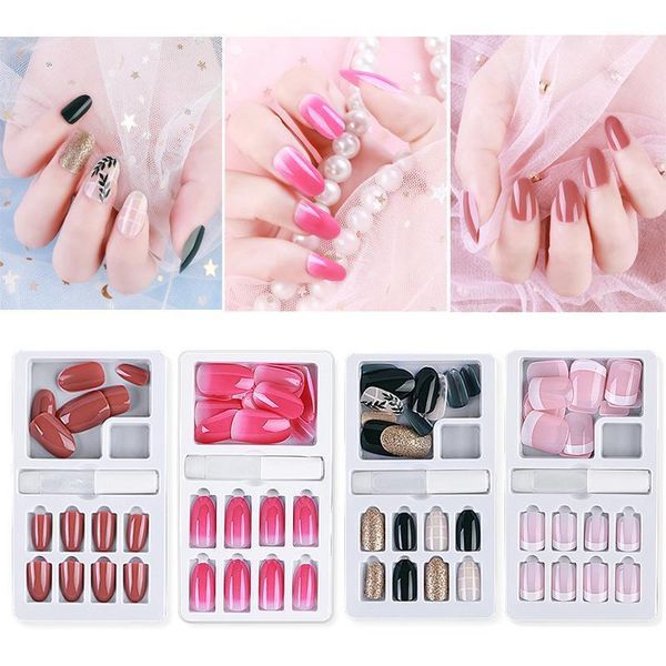 

24pcs reusable false nail tips for decoration with designs press on fake nails long lasting art tools tips1, Red;gold