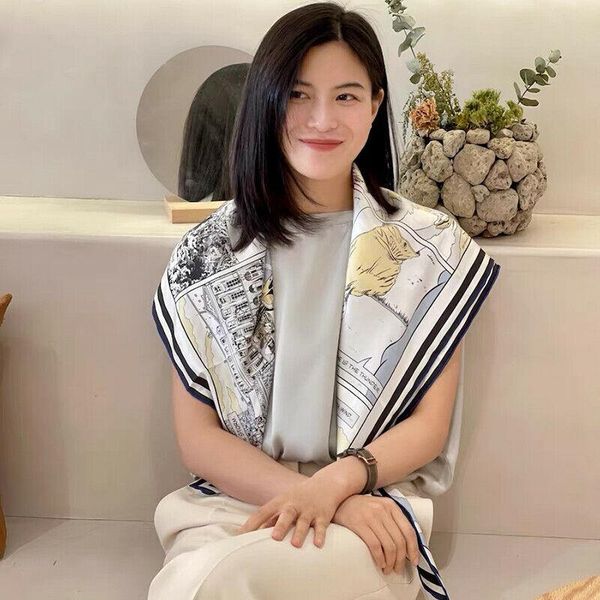 

scarves 100% silk scarf women fashion twill kerchief double-sided human horse shawl hijab hand rolled bandana 90*90cm, Blue;gray