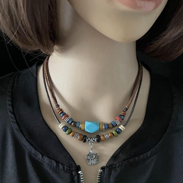 

chokers choker necklace for women pendant tribal layered retro fake turquoise braided female fashion jewelry, Golden;silver