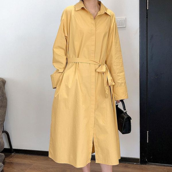 

casual dresses [ewq] korea chic autumn trend women lapel single-breasted lace-up fashion loose long-sleeved shirt dress 2021 16e2070, Black;gray