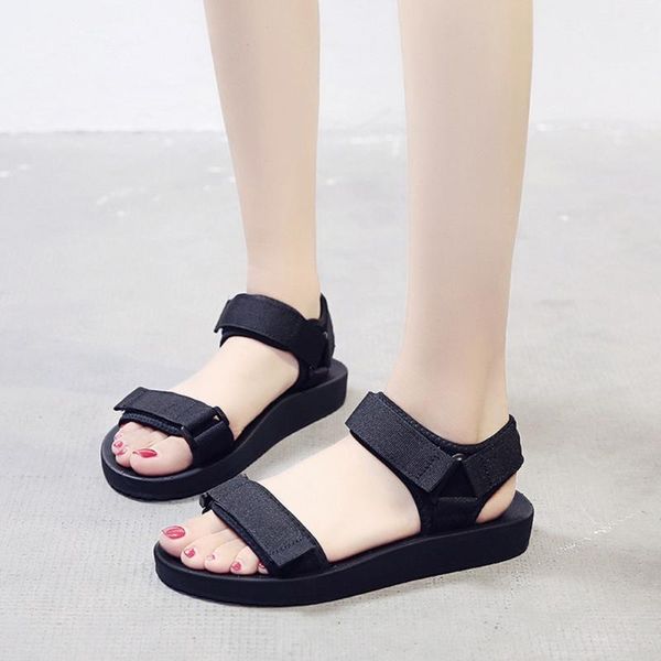 

womens summer sports sandals rubber flat bottom outdoor hiking solid color shoes beach non-slip magic sticker slippers, Black
