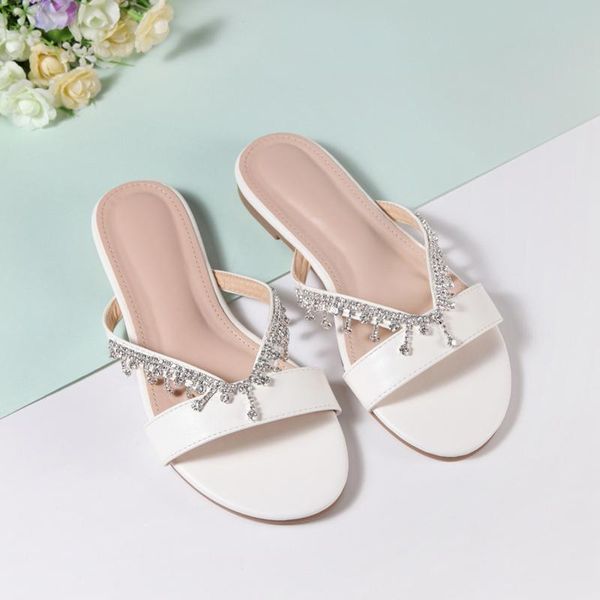 

fashion summer slippers women handmade rhinestone pearl beaded flip flops outdoor open toe beach slides flat sandals, Black